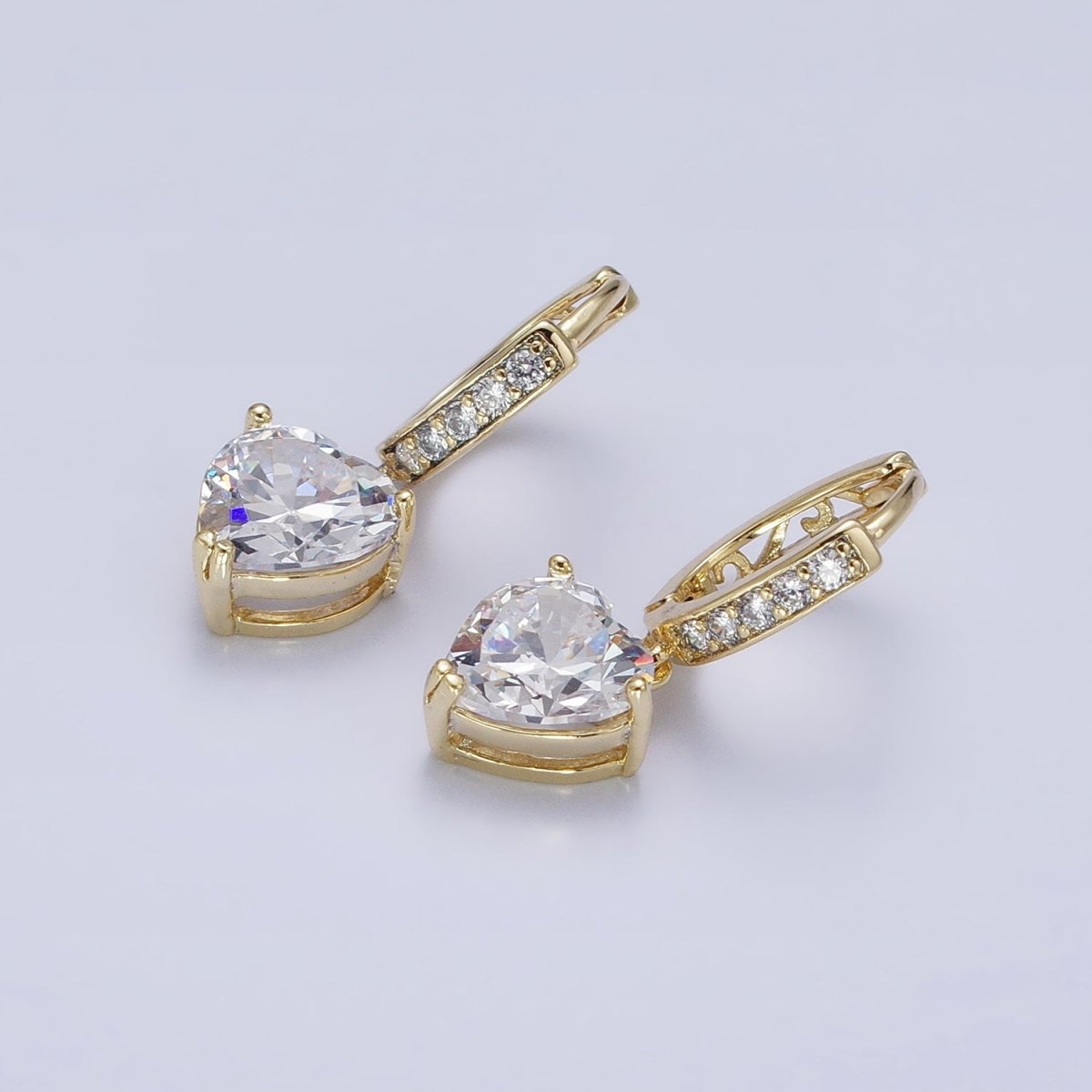 14K Gold plated Clear CZ Heart Drop Micro Paved Oblong Hoop Earrings | AD1436 - DLUXCA