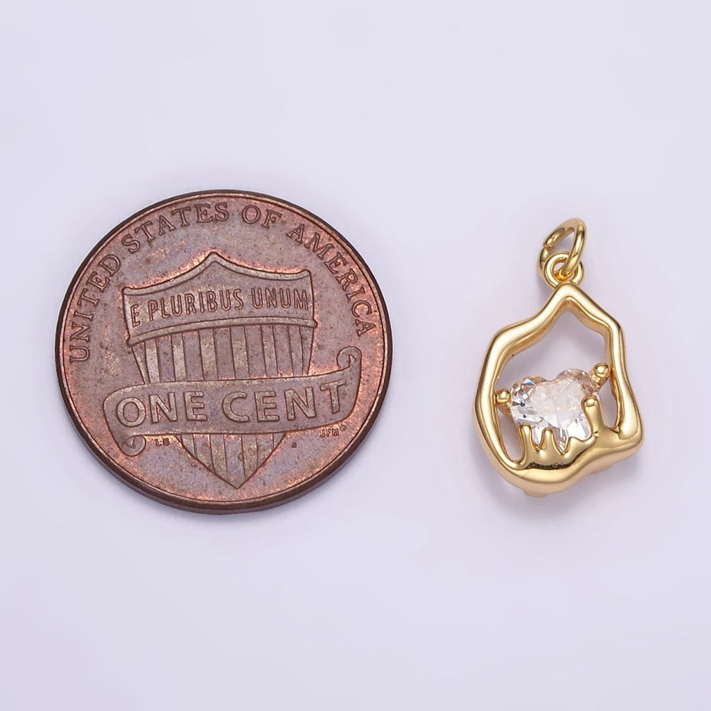 14K Gold plated Clear CZ Heart Molten Open Bezel Charm | M110 - DLUXCA