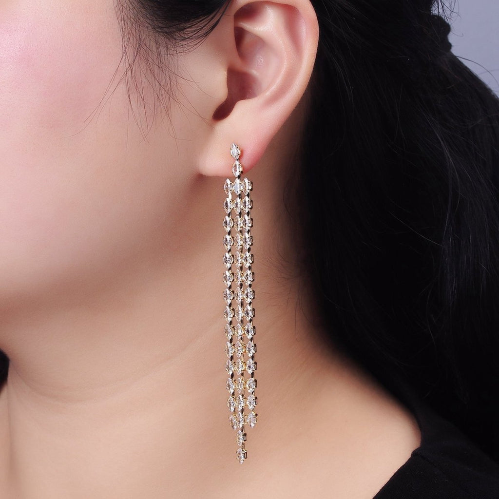 14K Gold plated Clear CZ Marquise Triple Lined Drop Stud Earrings in Gold & Silver | AE505 AE506 - DLUXCA