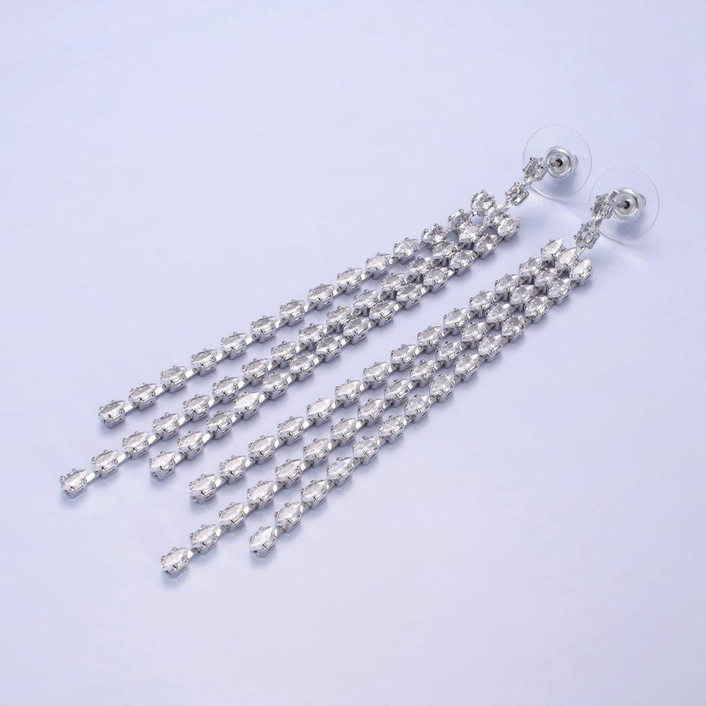 14K Gold plated Clear CZ Marquise Triple Lined Drop Stud Earrings in Gold & Silver | AE505 AE506 - DLUXCA