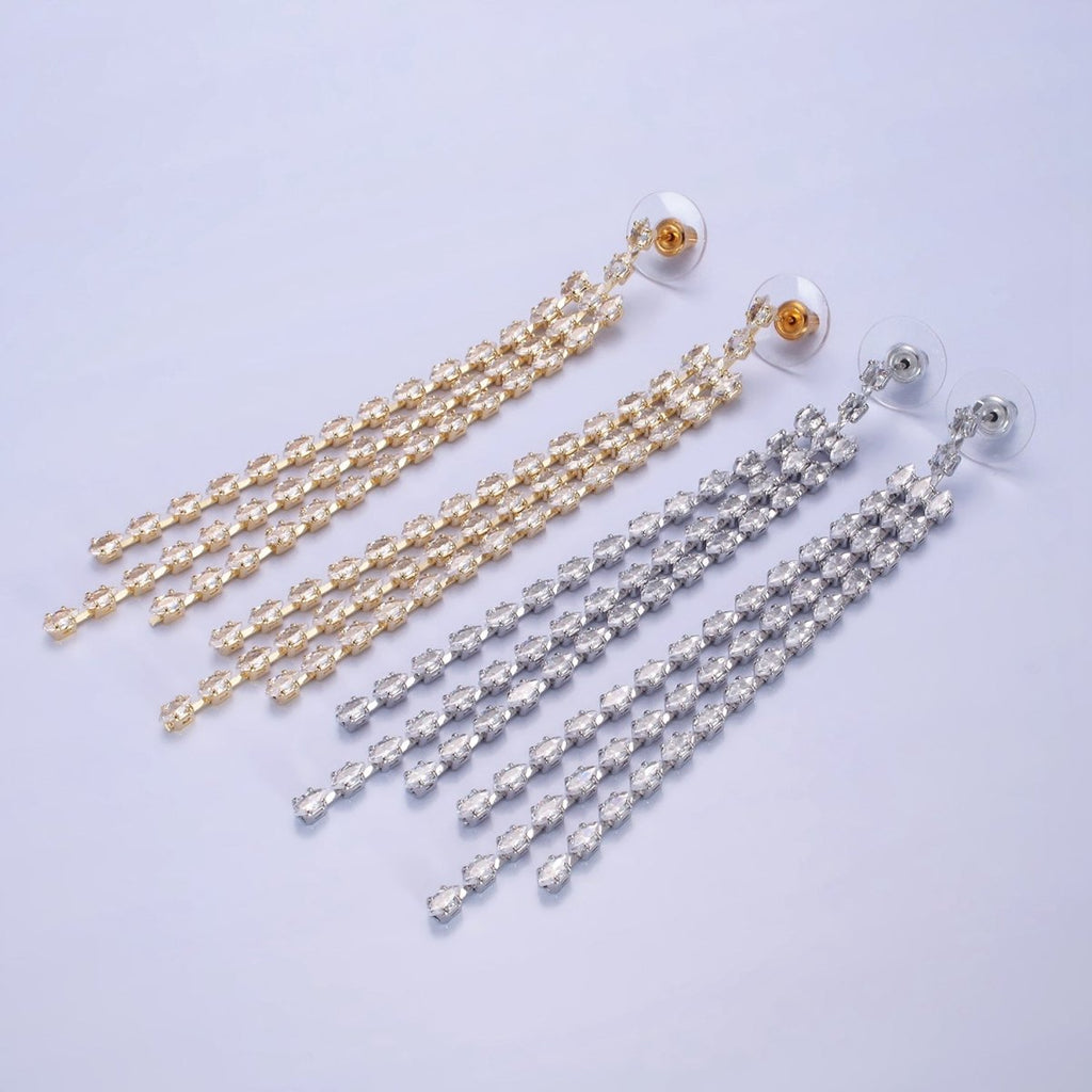 14K Gold plated Clear CZ Marquise Triple Lined Drop Stud Earrings in Gold & Silver | AE505 AE506 - DLUXCA