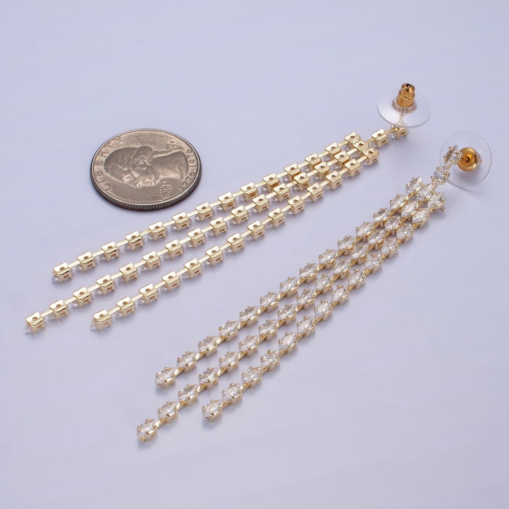 14K Gold plated Clear CZ Marquise Triple Lined Drop Stud Earrings in Gold & Silver | AE505 AE506 - DLUXCA