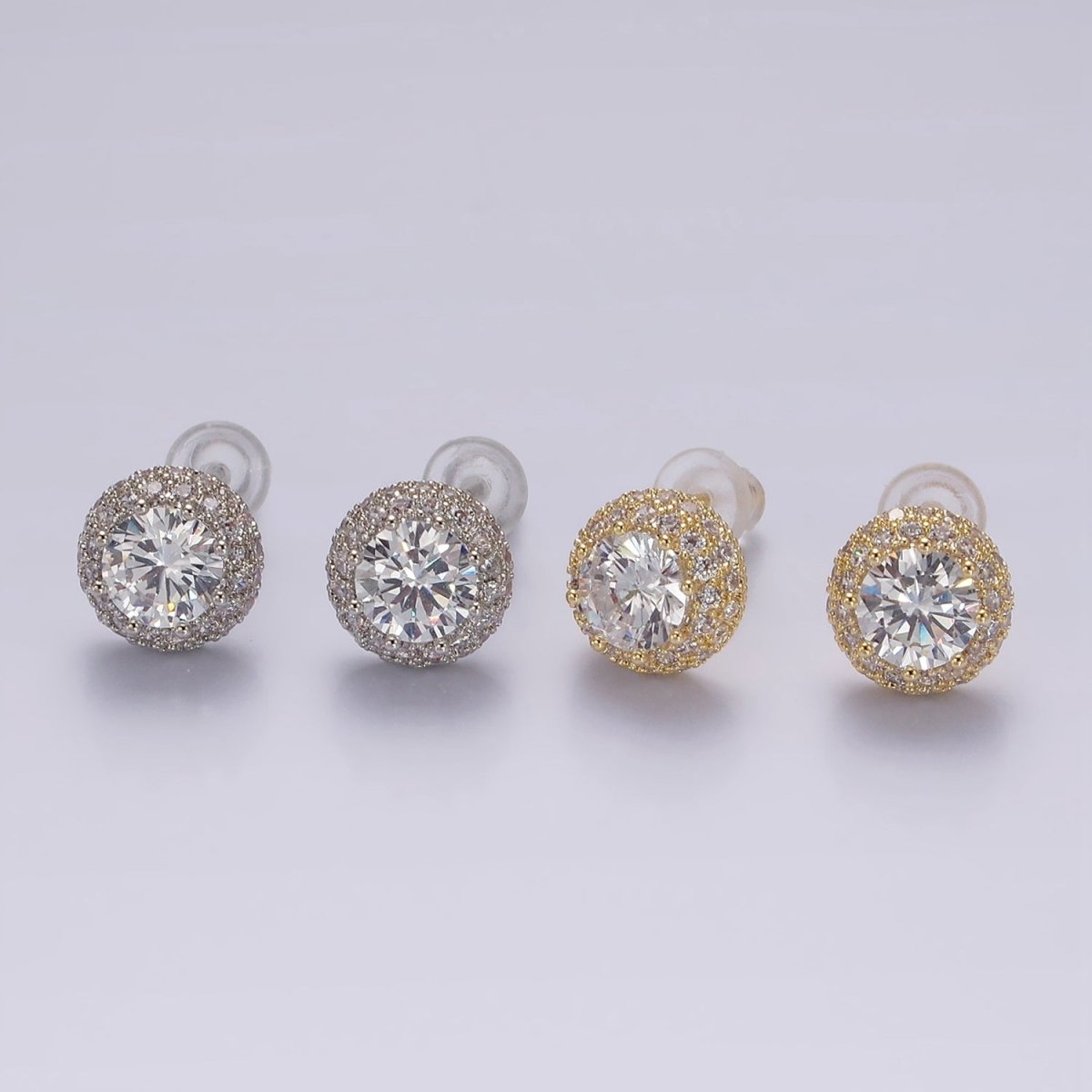 14K Gold plated Clear CZ Micro Paved Round Stud Earrings in Gold & Silver | V316 V317 - DLUXCA