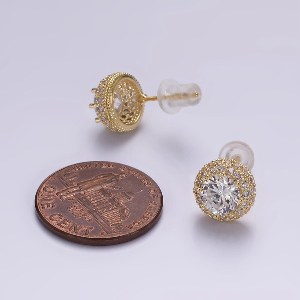 14K Gold plated Clear CZ Micro Paved Round Stud Earrings in Gold & Silver | V316 V317 - DLUXCA