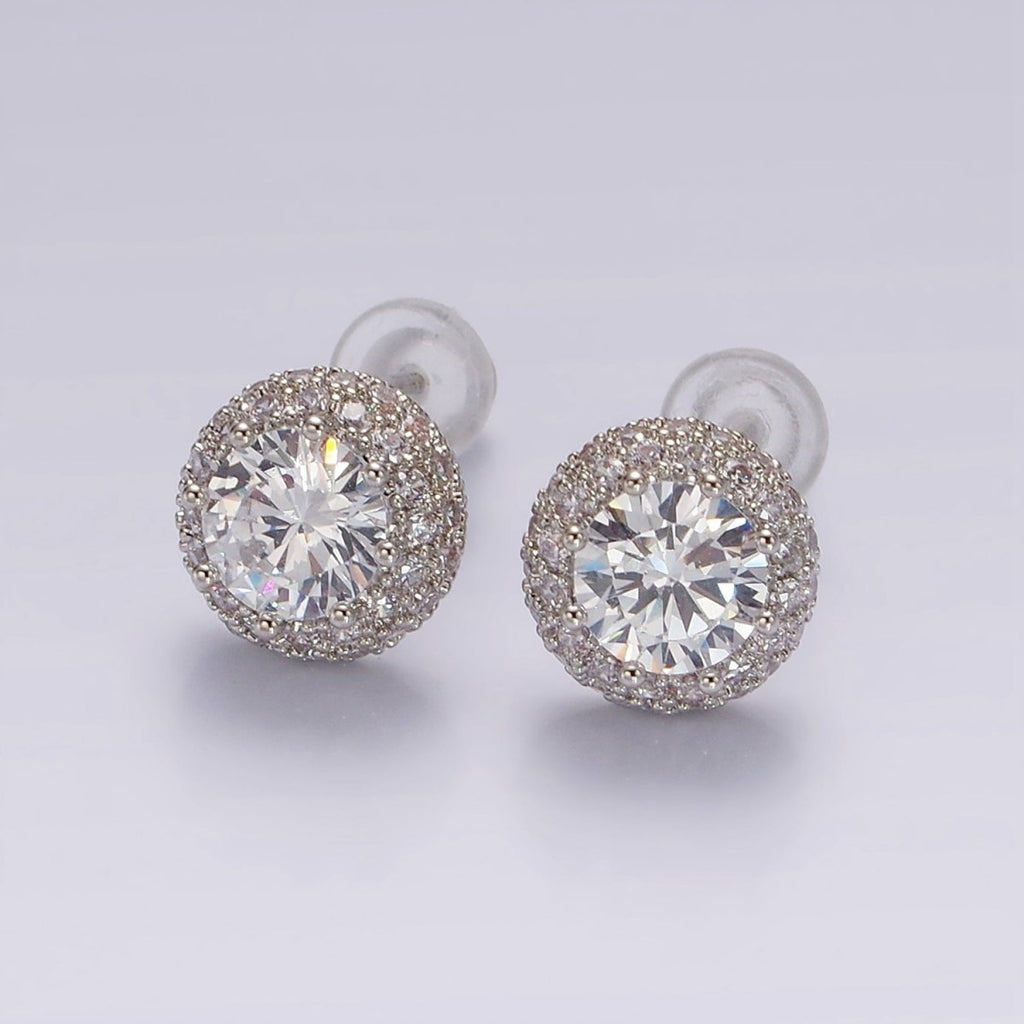 14K Gold plated Clear CZ Micro Paved Round Stud Earrings in Gold & Silver | V316 V317 - DLUXCA