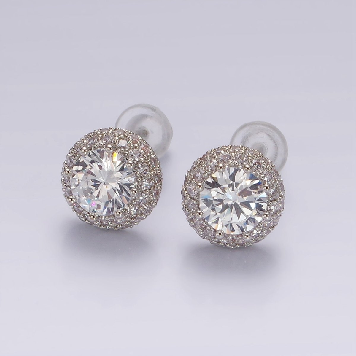 14K Gold plated Clear CZ Micro Paved Round Stud Earrings in Gold & Silver | V316 V317 - DLUXCA