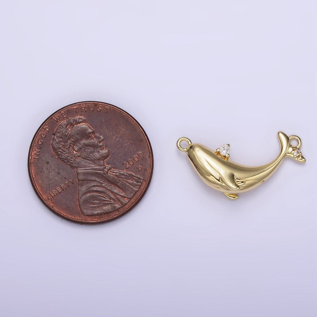 14K Gold plated Clear CZ Micro Paved Whale Sea Animal Curved Connector | G-075 - DLUXCA