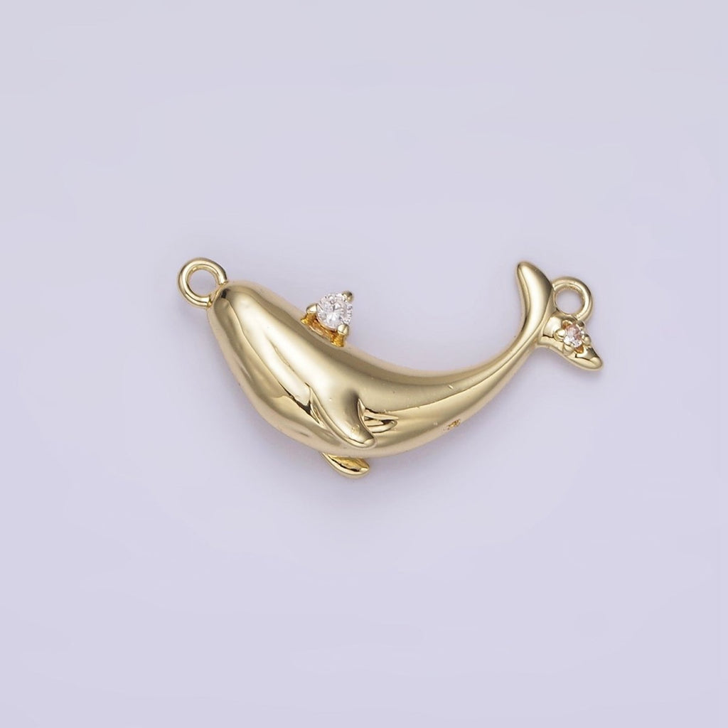 14K Gold plated Clear CZ Micro Paved Whale Sea Animal Curved Connector | G-075 - DLUXCA