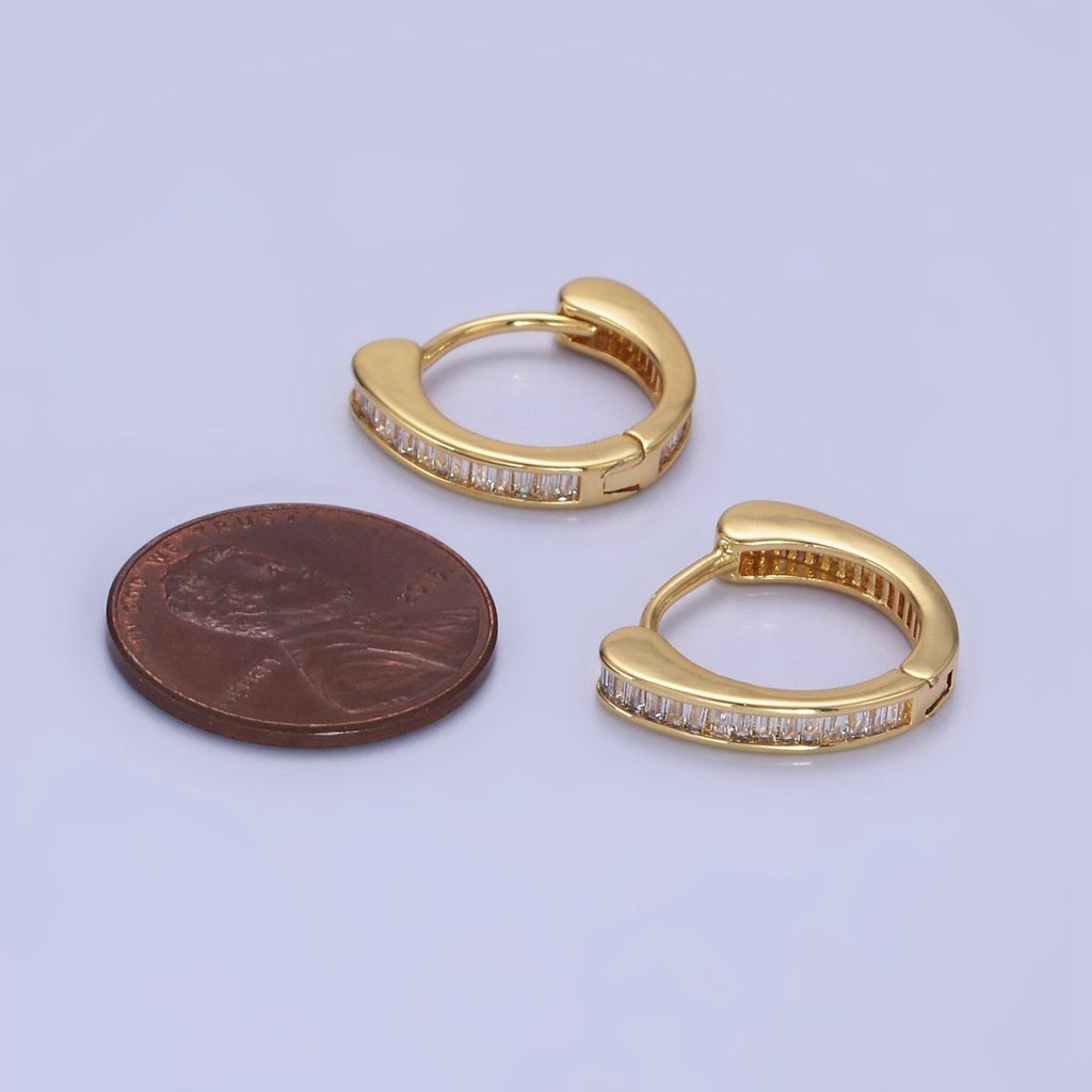 14K Gold plated Clear CZ Mini Baguette Lined Huggie Earrings | AB1259 - DLUXCA