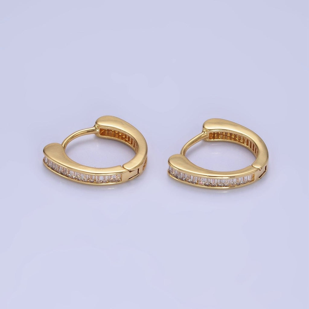 14K Gold plated Clear CZ Mini Baguette Lined Huggie Earrings | AB1259 - DLUXCA