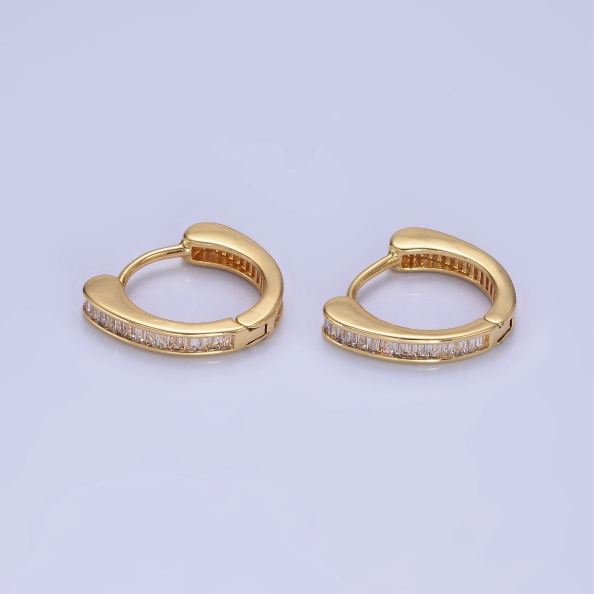 14K Gold plated Clear CZ Mini Baguette Lined Huggie Earrings | AB1259 - DLUXCA