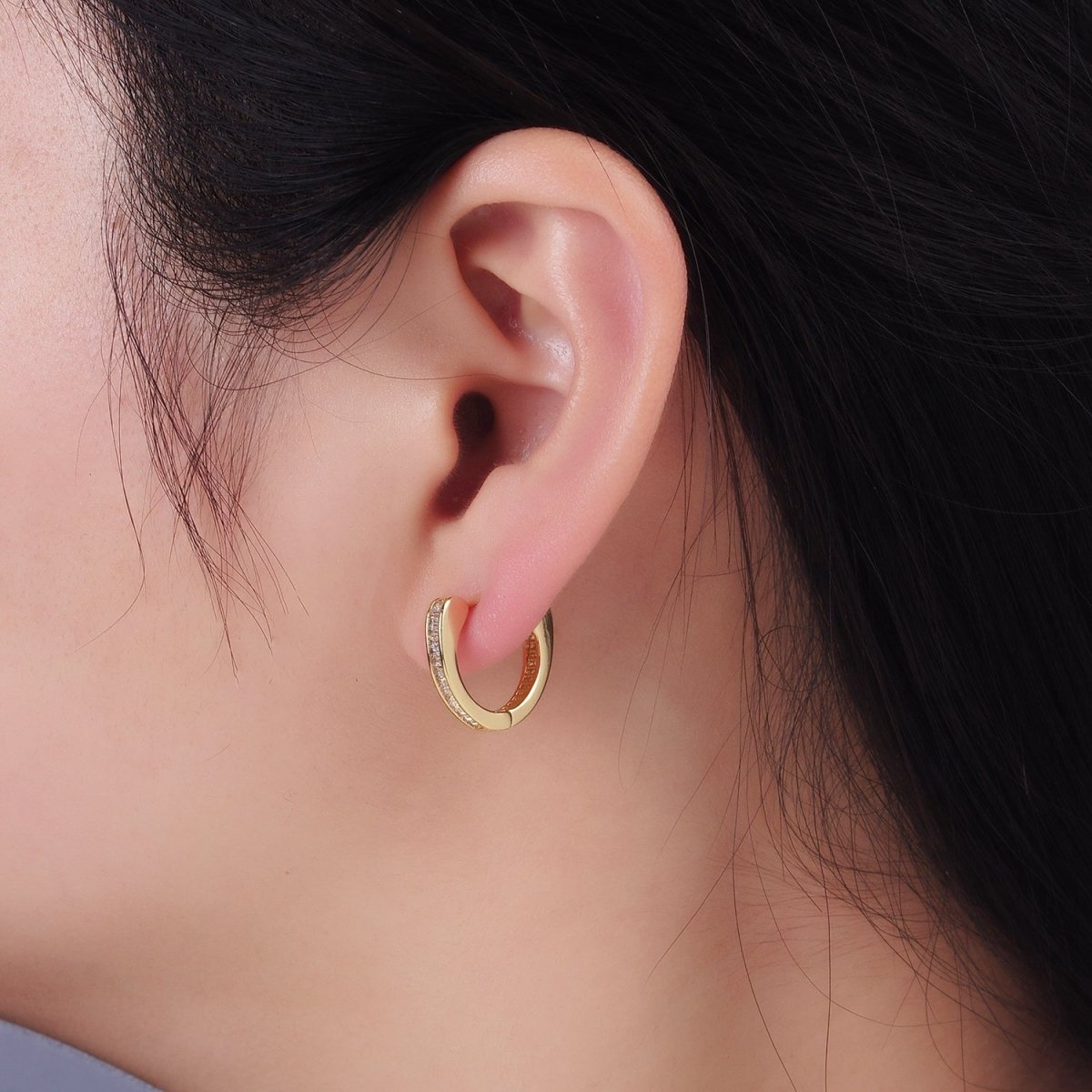 14K Gold plated Clear CZ Mini Baguette Lined Huggie Earrings | AB1259 - DLUXCA