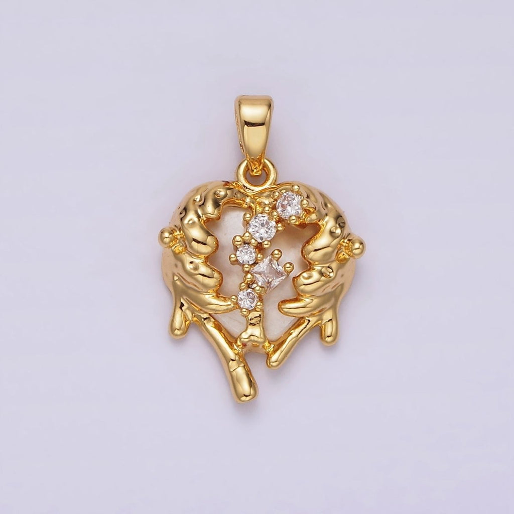 14K Gold plated Clear CZ Molten Drip Shell Pearl Heart Pendant in Gold & Silver | N1793 N1794