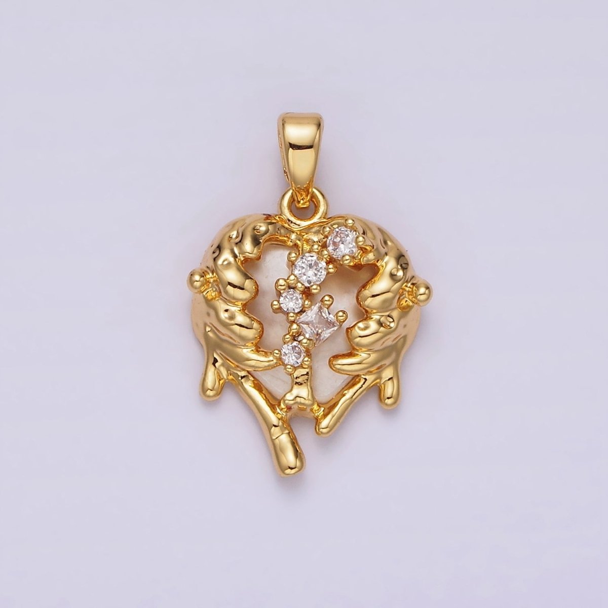 14K Gold plated Clear CZ Molten Drip Shell Pearl Heart Pendant in Gold & Silver | N1793 N1794
