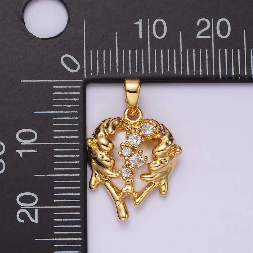 14K Gold plated Clear CZ Molten Drip Shell Pearl Heart Pendant in Gold & Silver | N1793 N1794