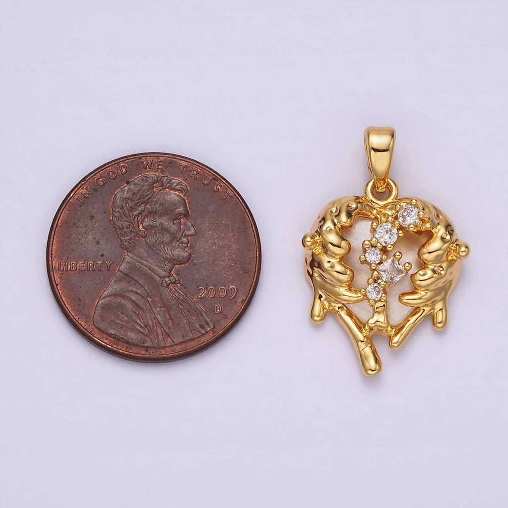 14K Gold plated Clear CZ Molten Drip Shell Pearl Heart Pendant in Gold & Silver | N1793 N1794