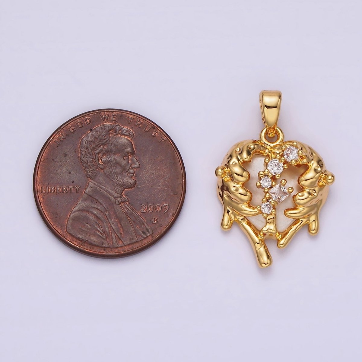 14K Gold plated Clear CZ Molten Drip Shell Pearl Heart Pendant in Gold & Silver | N1793 N1794