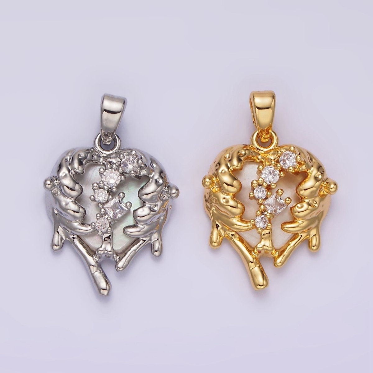 14K Gold plated Clear CZ Molten Drip Shell Pearl Heart Pendant in Gold & Silver | N1793 N1794