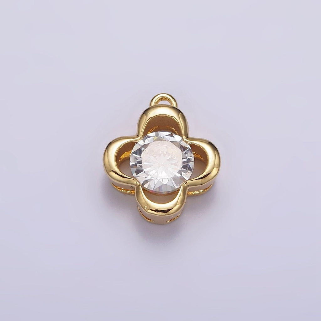 14K Gold plated Clear CZ Open Clover Quatrefoil Bezel Charm | N950 - DLUXCA