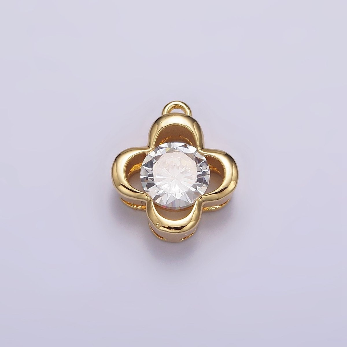 14K Gold plated Clear CZ Open Clover Quatrefoil Bezel Charm | N950 - DLUXCA