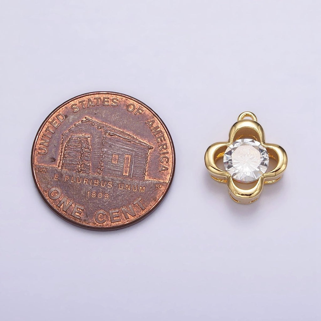 14K Gold plated Clear CZ Open Clover Quatrefoil Bezel Charm | N950 - DLUXCA