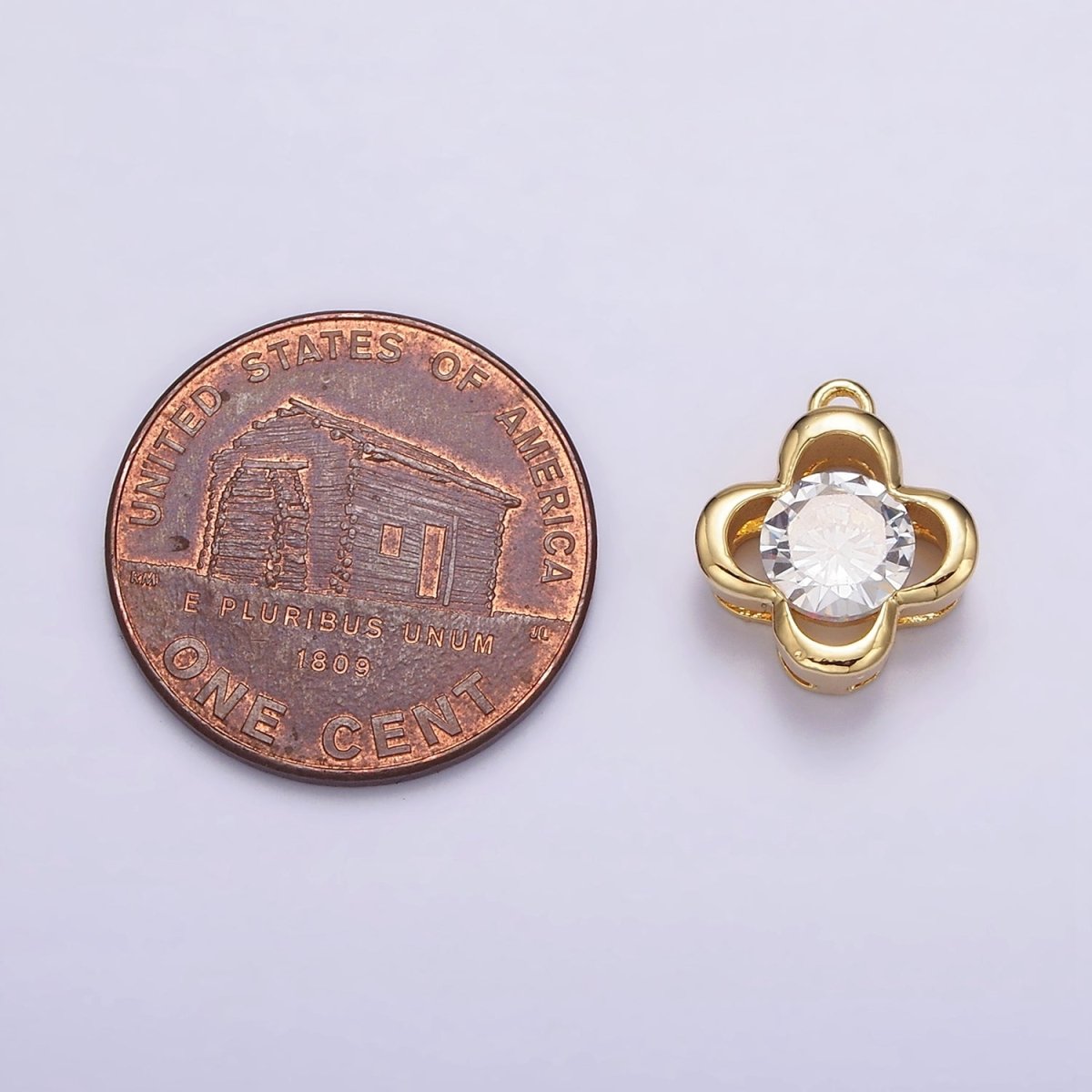 14K Gold plated Clear CZ Open Clover Quatrefoil Bezel Charm | N950 - DLUXCA