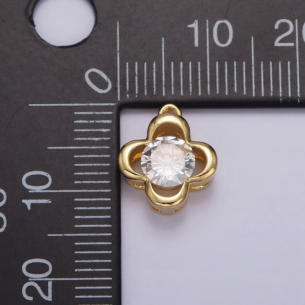 14K Gold plated Clear CZ Open Clover Quatrefoil Bezel Charm | N950 - DLUXCA