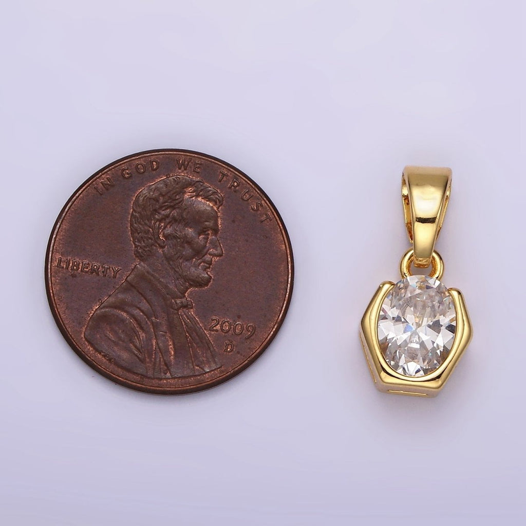 14K Gold plated Clear CZ Oval Hexagon Open Bezel Pendant | AA1105 - DLUXCA