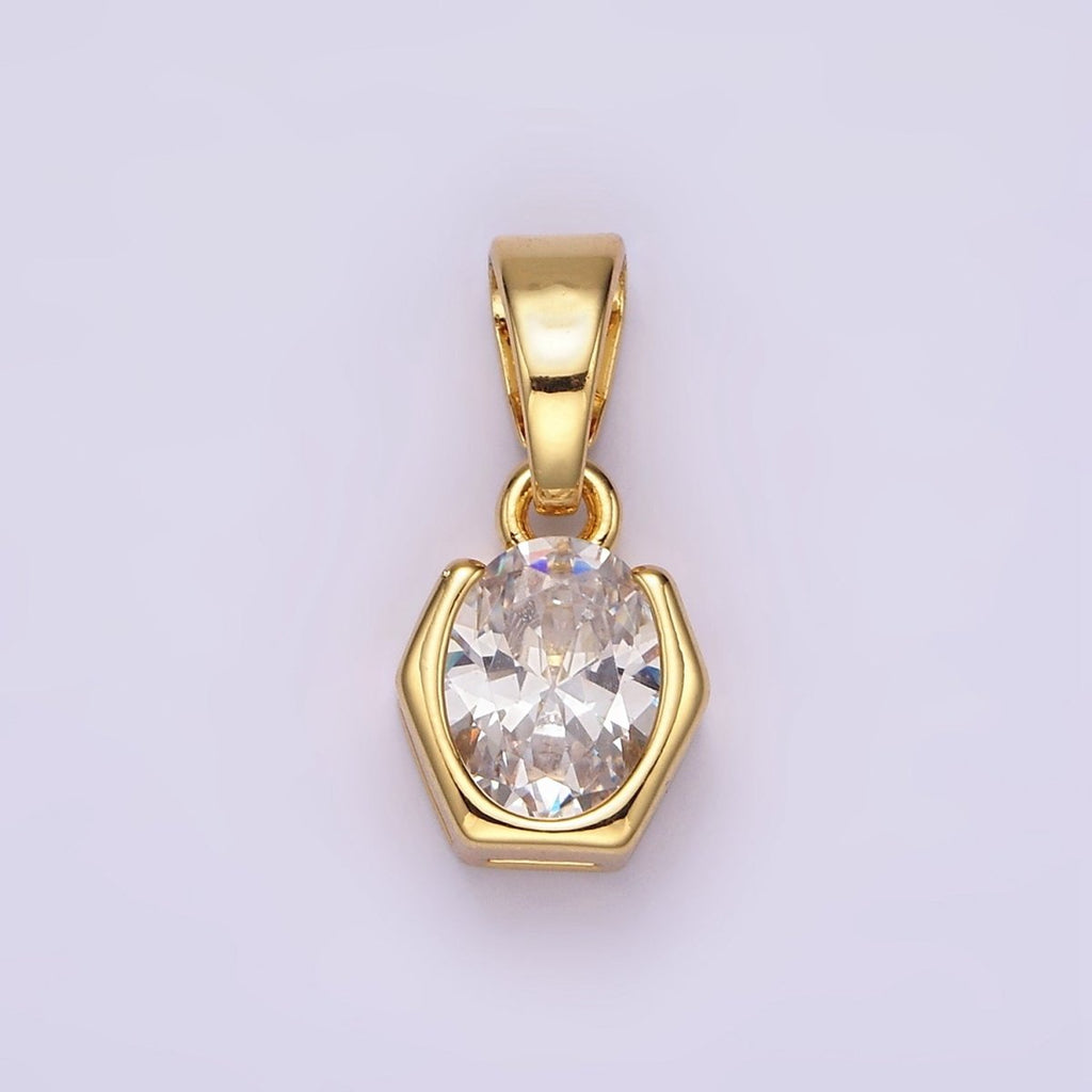 14K Gold plated Clear CZ Oval Hexagon Open Bezel Pendant | AA1105 - DLUXCA