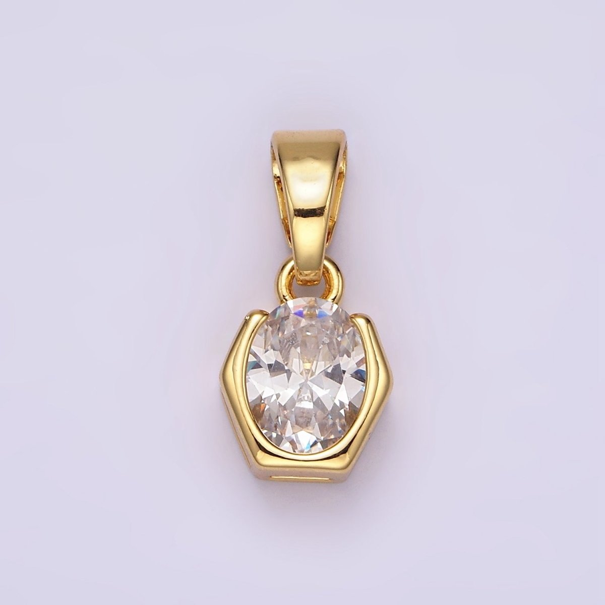 14K Gold plated Clear CZ Oval Hexagon Open Bezel Pendant | AA1105 - DLUXCA