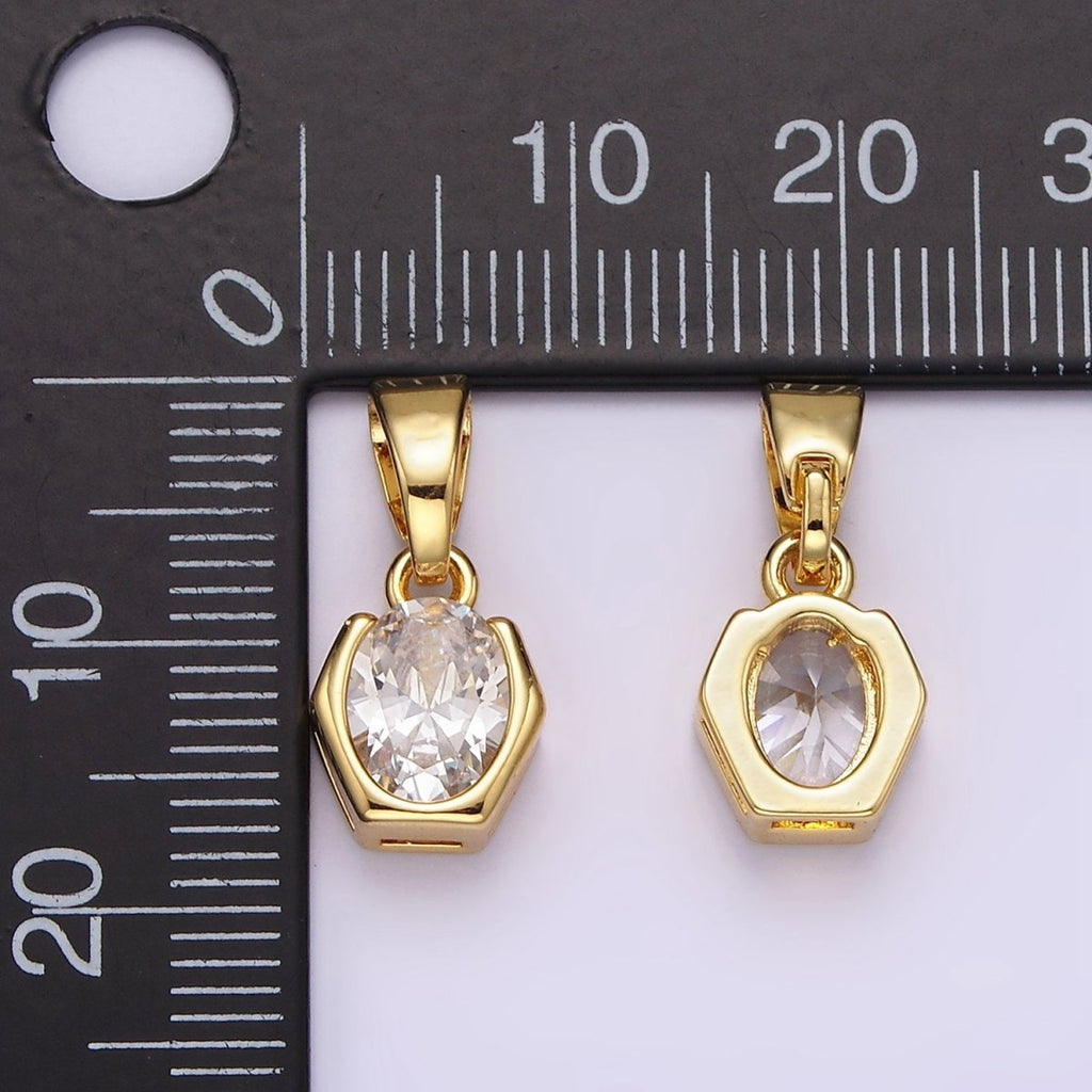 14K Gold plated Clear CZ Oval Hexagon Open Bezel Pendant | AA1105 - DLUXCA