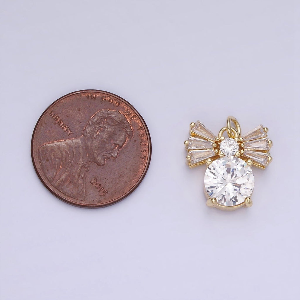14K Gold plated Clear CZ Round Baguette Ribbon Bow Charm | AG729 - DLUXCA