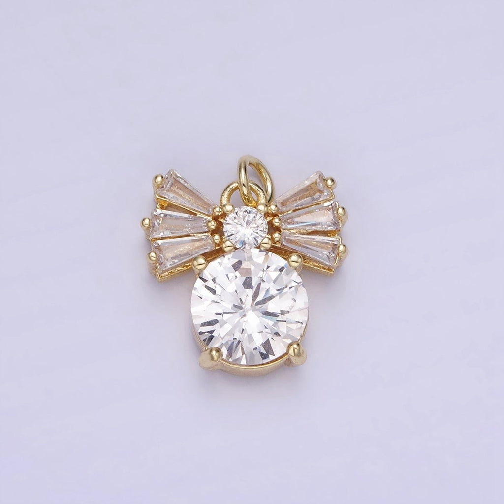 14K Gold plated Clear CZ Round Baguette Ribbon Bow Charm | AG729 - DLUXCA