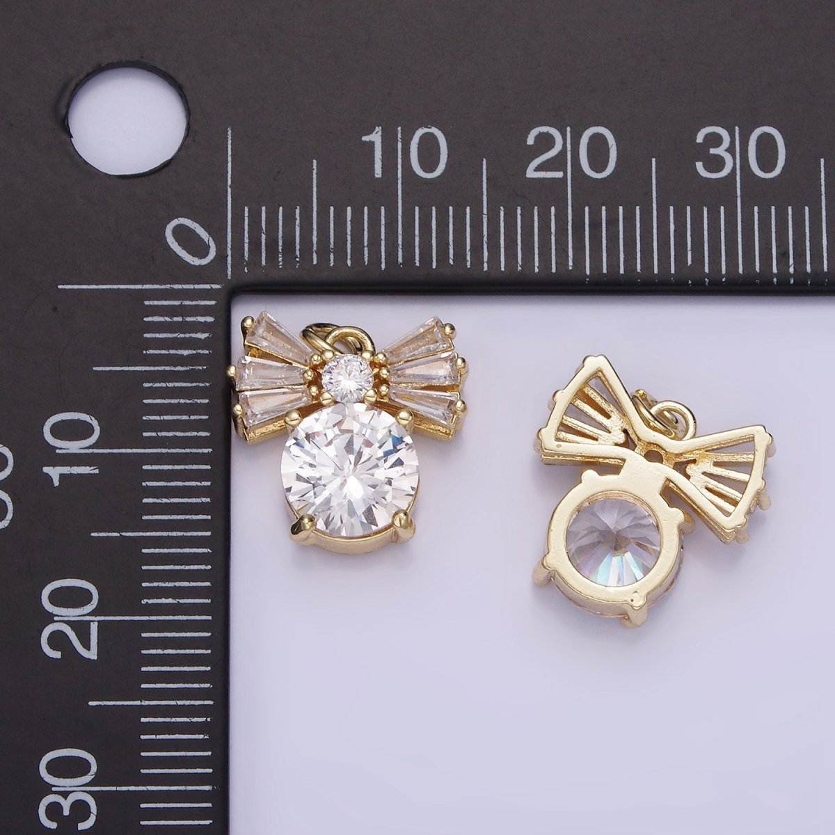 14K Gold plated Clear CZ Round Baguette Ribbon Bow Charm | AG729 - DLUXCA