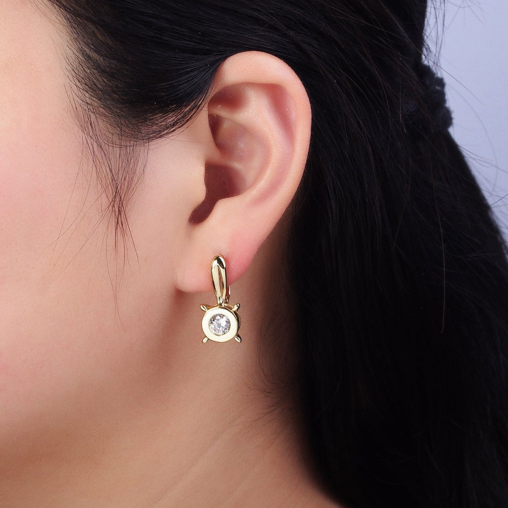 14K Gold plated Clear CZ Round Bezel Dotted English Lock Earrings | AD1532 - DLUXCA