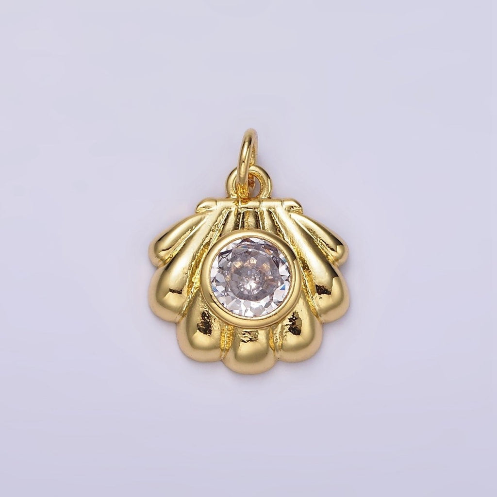 14K Gold plated Clear CZ Sea Clam Shell Charm | AG527 - DLUXCA
