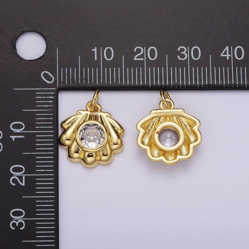 14K Gold plated Clear CZ Sea Clam Shell Charm | AG527 - DLUXCA