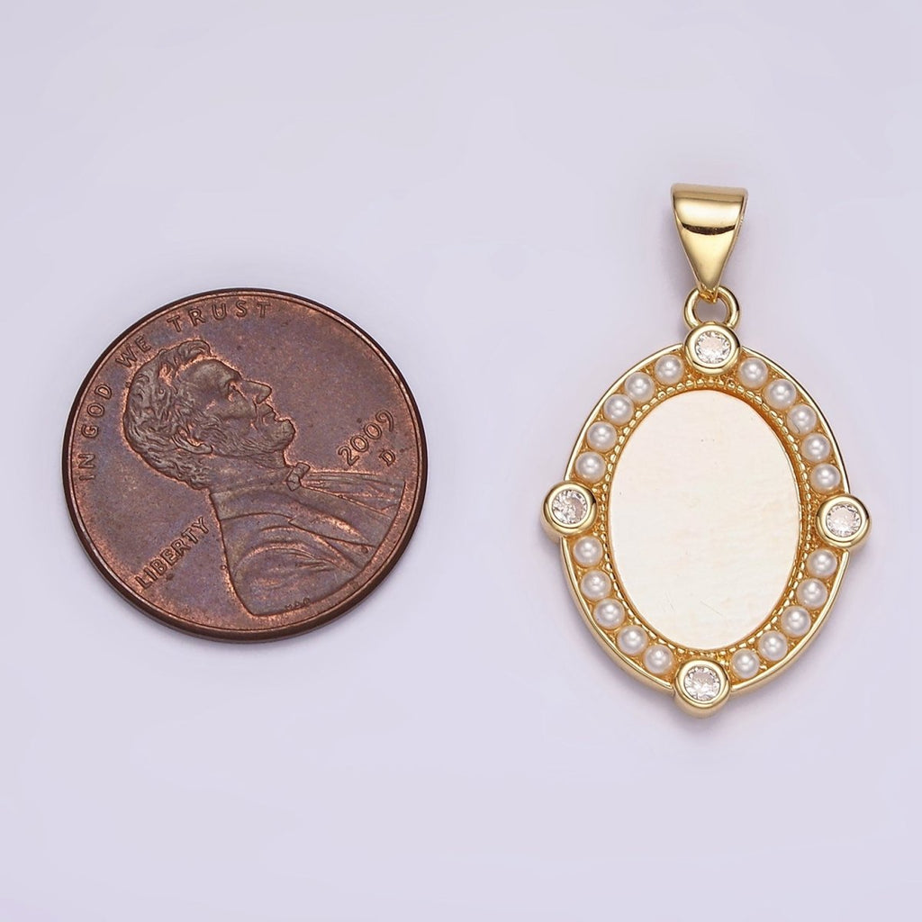 14K Gold plated Clear CZ Shell Pearl Lined Oval Pendant | N2026 - DLUXCA