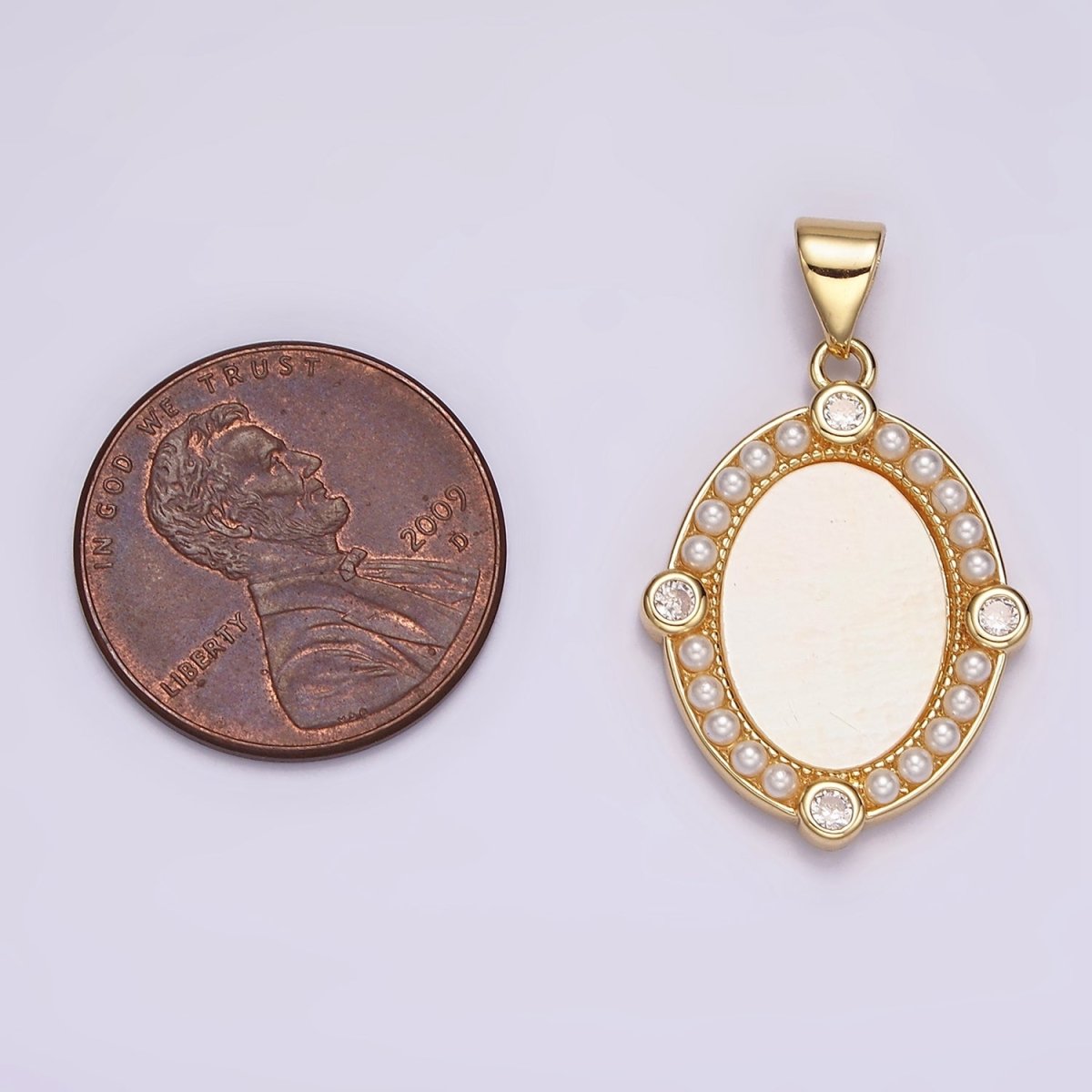 14K Gold plated Clear CZ Shell Pearl Lined Oval Pendant | N2026 - DLUXCA