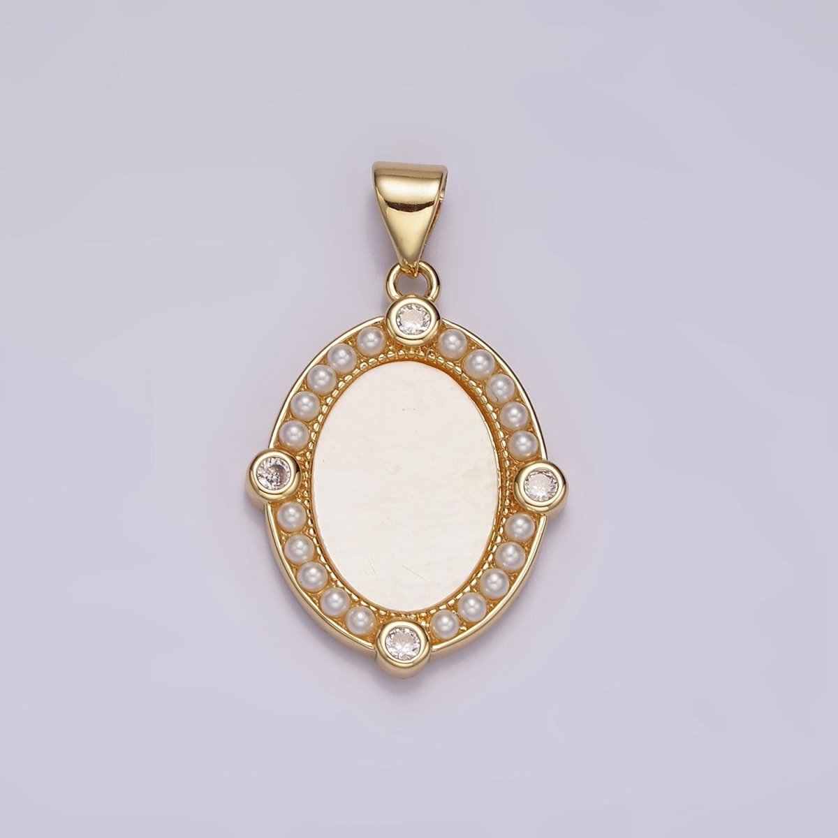 14K Gold plated Clear CZ Shell Pearl Lined Oval Pendant | N2026 - DLUXCA