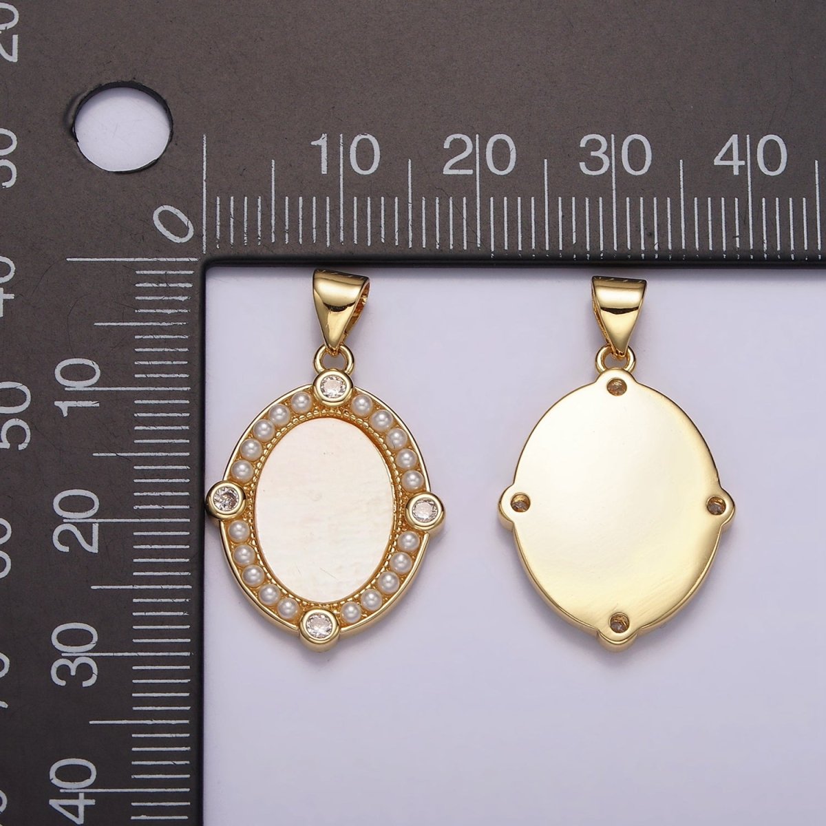 14K Gold plated Clear CZ Shell Pearl Lined Oval Pendant | N2026 - DLUXCA