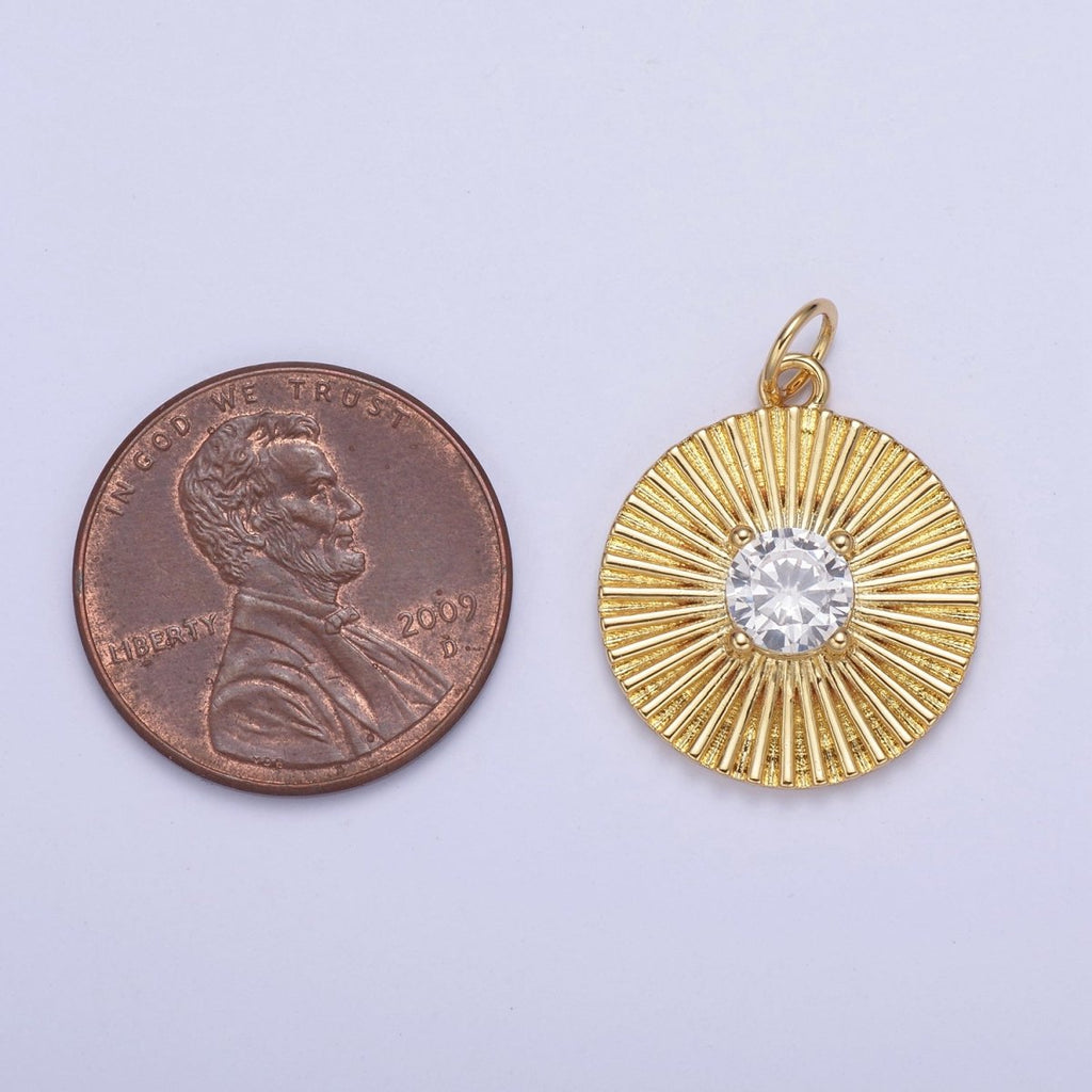 14K Gold plated Clear CZ Sunburst Textured Round Charm | N800 - DLUXCA