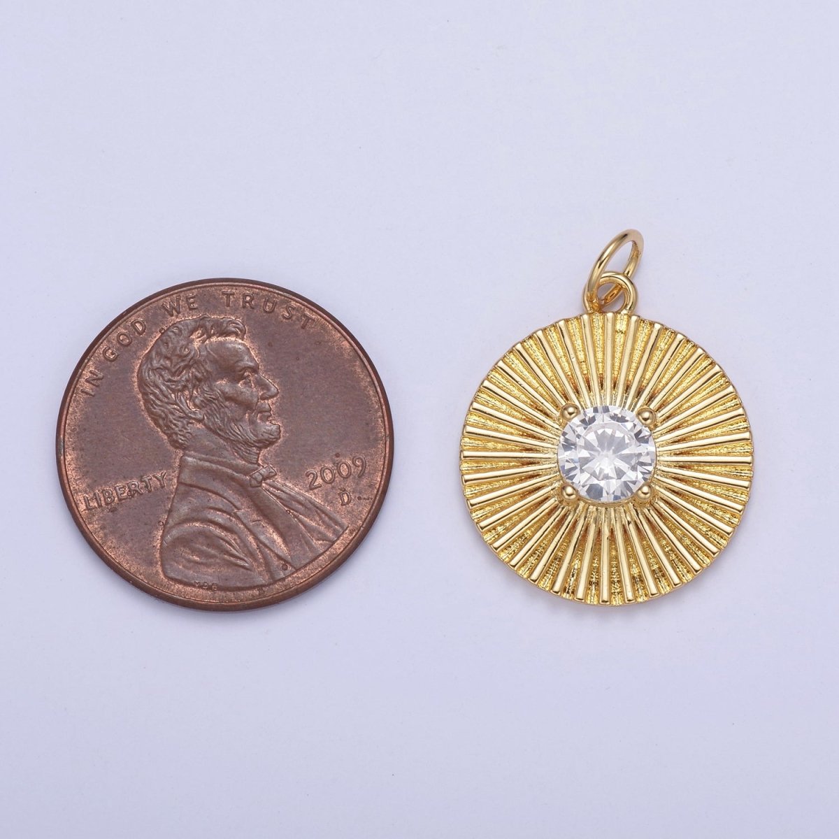 14K Gold plated Clear CZ Sunburst Textured Round Charm | N800 - DLUXCA