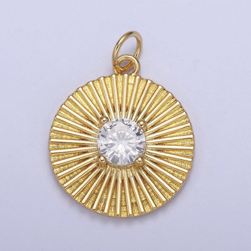 14K Gold plated Clear CZ Sunburst Textured Round Charm | N800 - DLUXCA