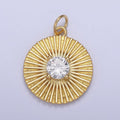 14K Gold plated Clear CZ Sunburst Textured Round Charm | N800 - DLUXCA