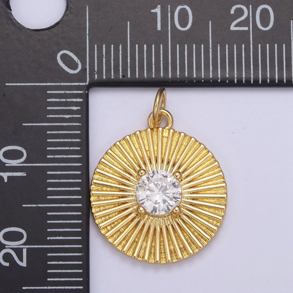14K Gold plated Clear CZ Sunburst Textured Round Charm | N800 - DLUXCA