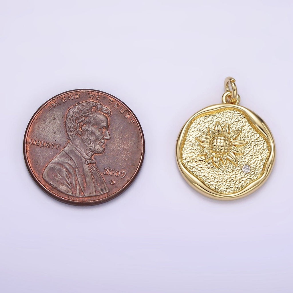 14K Gold plated Clear CZ Sunflower Hammered Stamped Round Charm | AG261 - DLUXCA