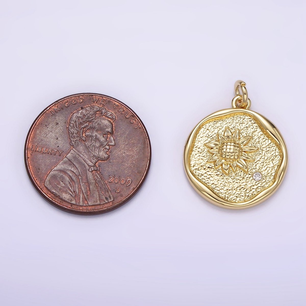 14K Gold plated Clear CZ Sunflower Hammered Stamped Round Charm | AG261 - DLUXCA