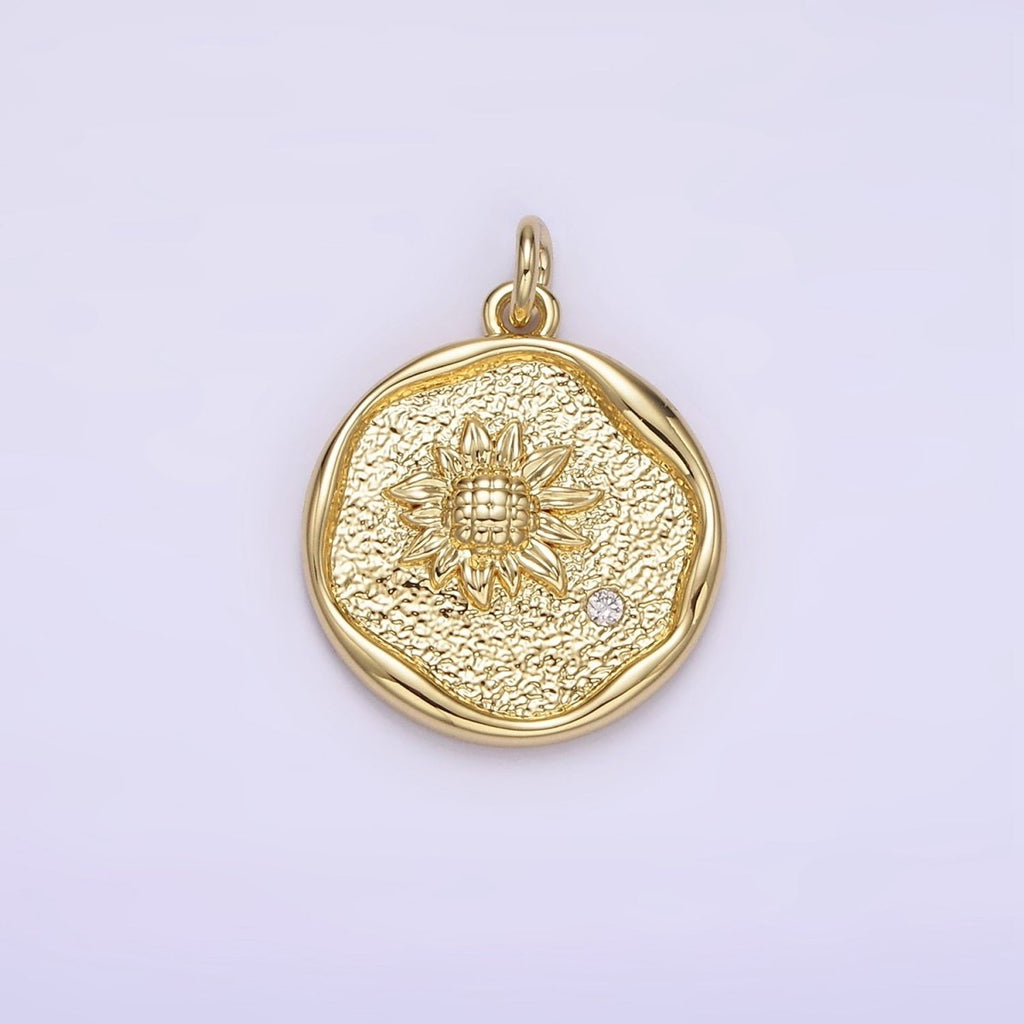 14K Gold plated Clear CZ Sunflower Hammered Stamped Round Charm | AG261 - DLUXCA