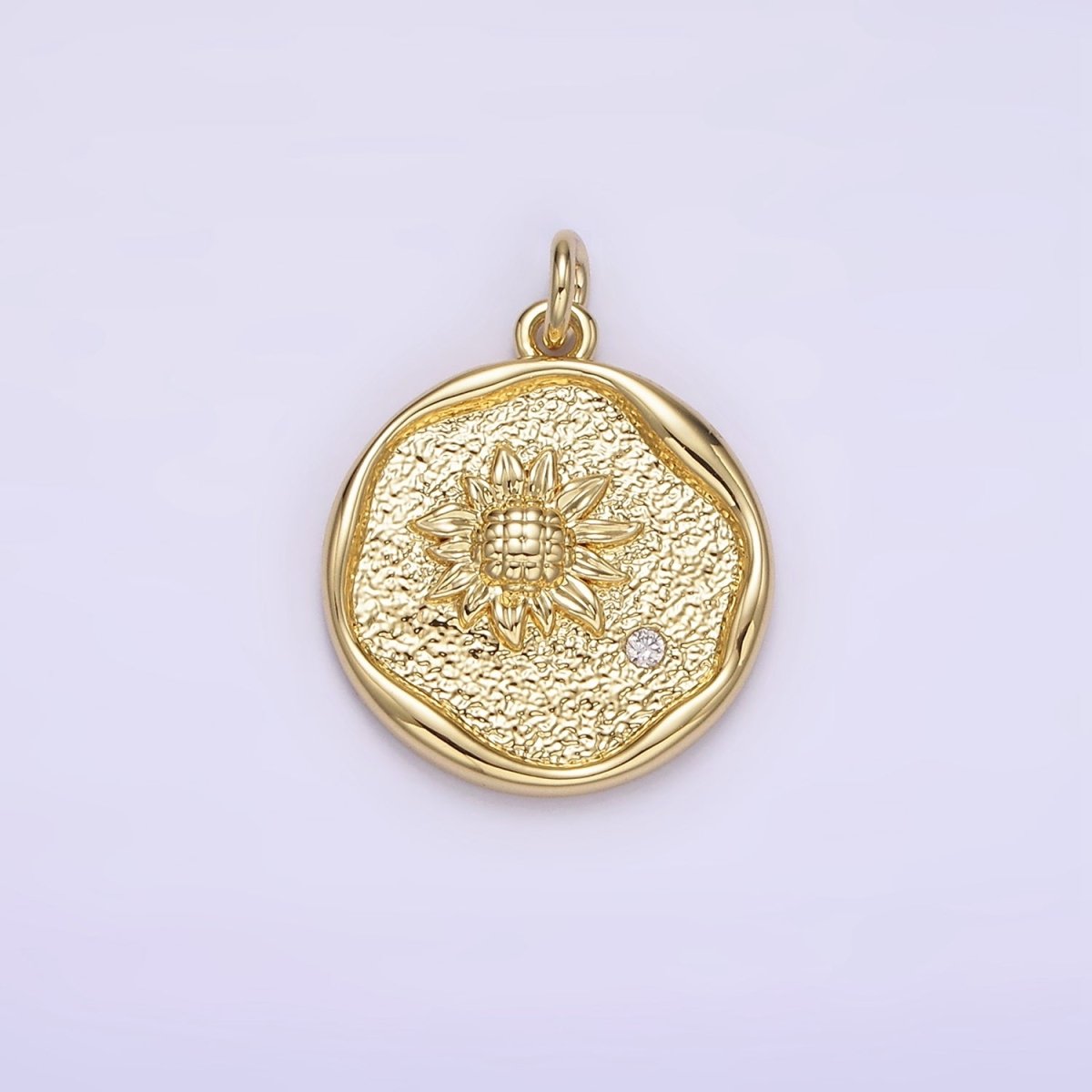 14K Gold plated Clear CZ Sunflower Hammered Stamped Round Charm | AG261 - DLUXCA